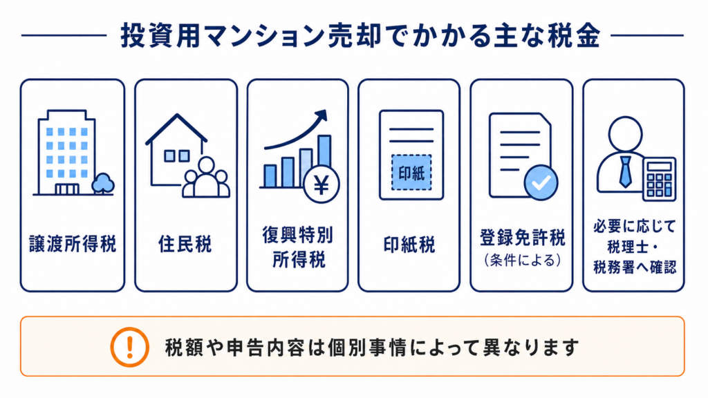 投資用マンション売却でかかる主な税金の図解